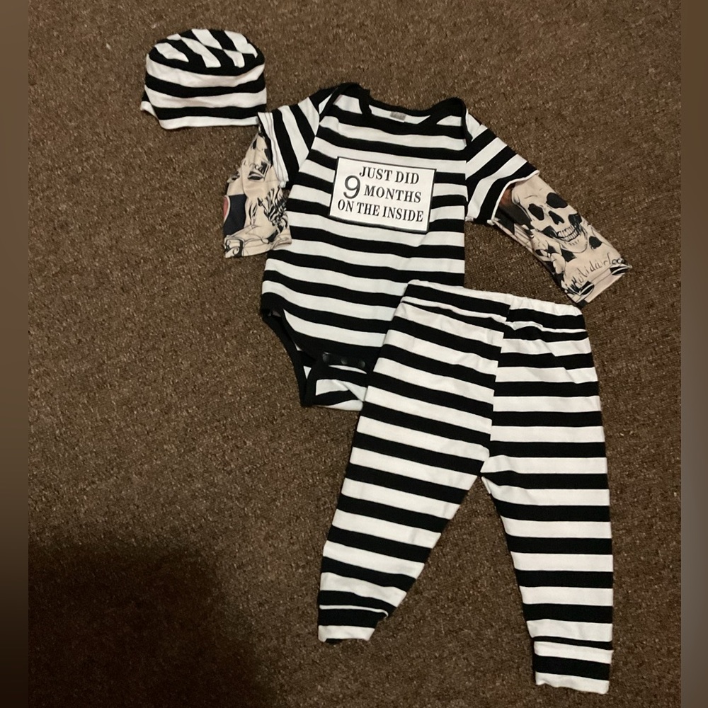 Black and white striped jail costume onesie set tattoo sleeves 12-18 months